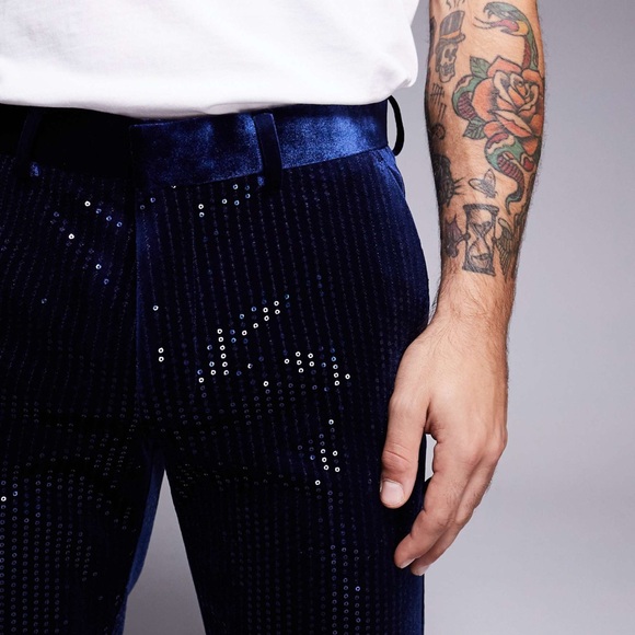 ASOS DESIGN skinny suit trousers in velvet sequin in navy - Picture 3 of 4